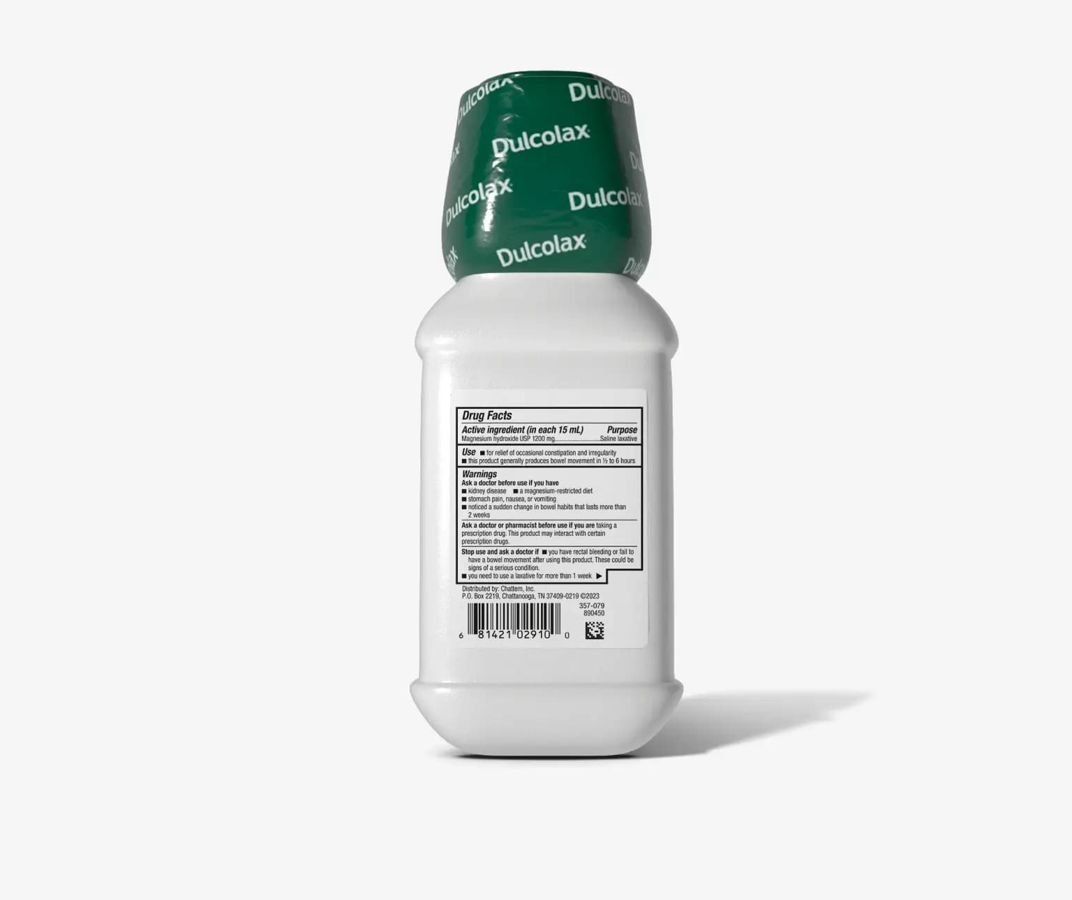 Dulcolax bottle with green cap showing drug facts label on a white background.
