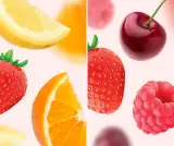 Assorted fruit slices including lemon, orange, strawberry, cherry, and raspberry on a light background.