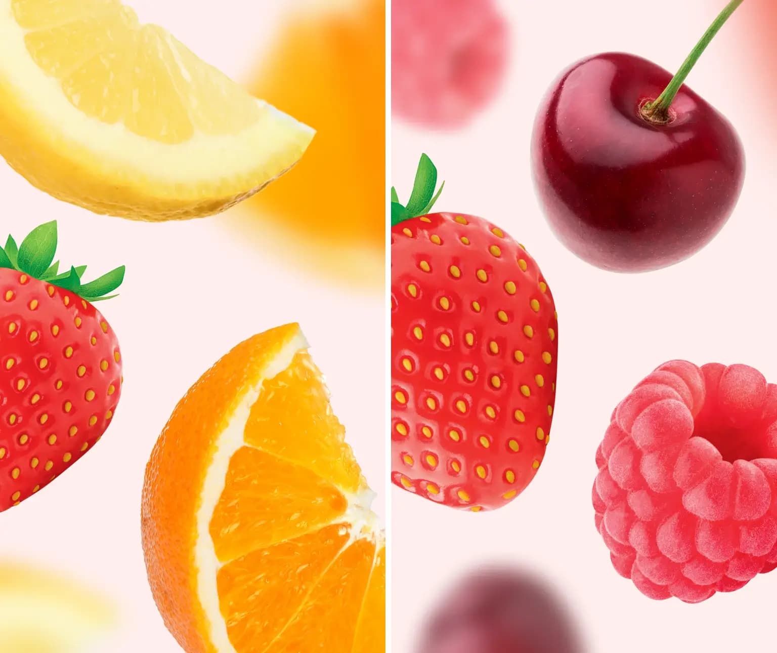 Assorted fruit slices including lemon, orange, strawberry, cherry, and raspberry on a light background.