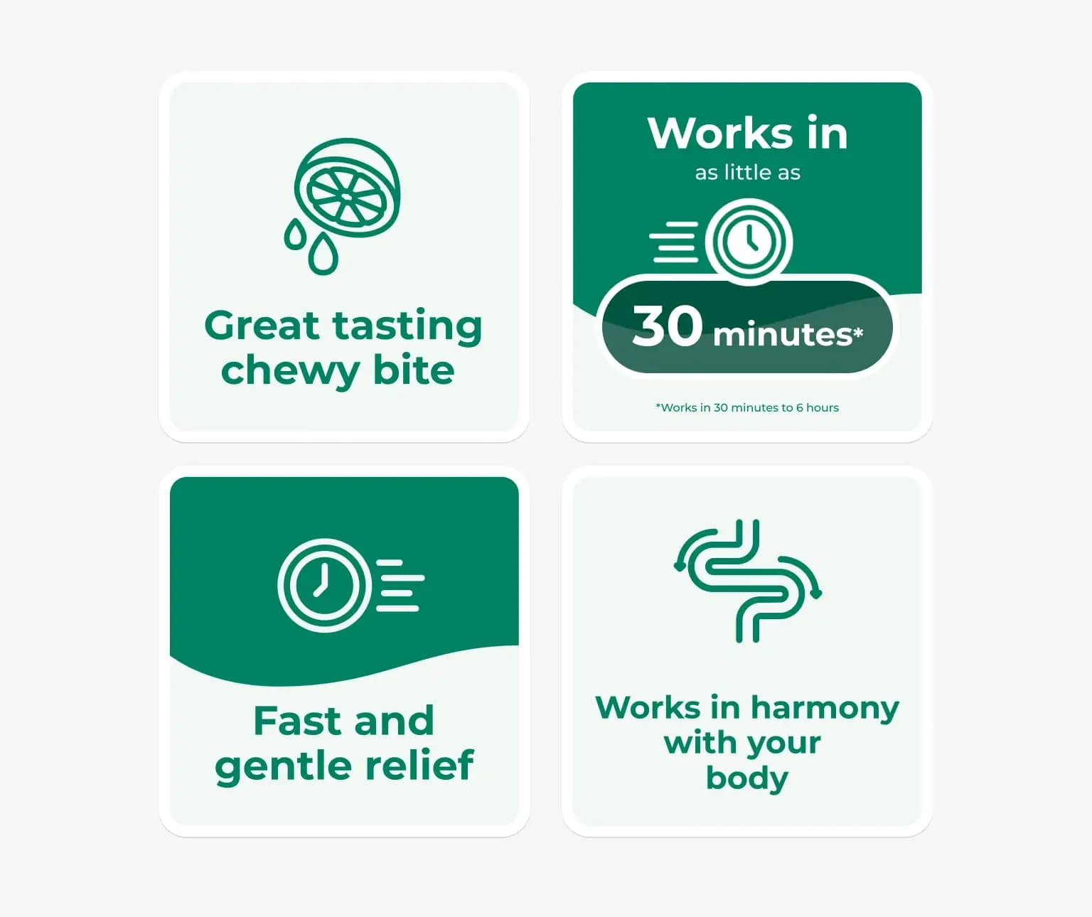 Great tasting chewy bite, works in as little as 30 minutes, fast relief, harmonizes with body.