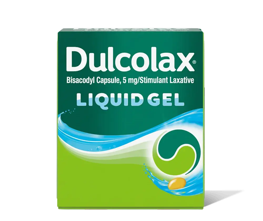Dulcolax Liquid Gel Laxative box, Bisacodyl 5 mg, promotes natural gut rhythm.