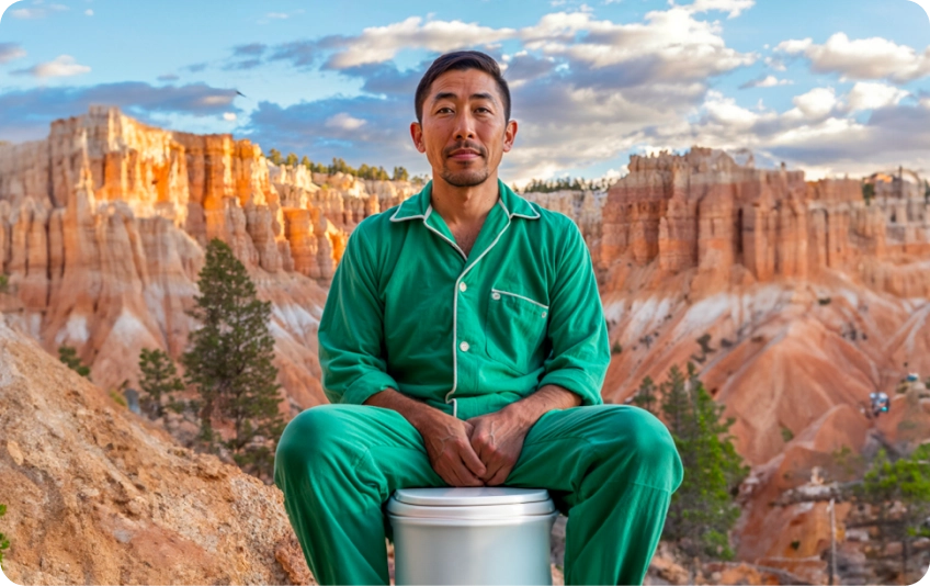 Person in green pajamas sits on a bucket with a canyon landscape in the background.