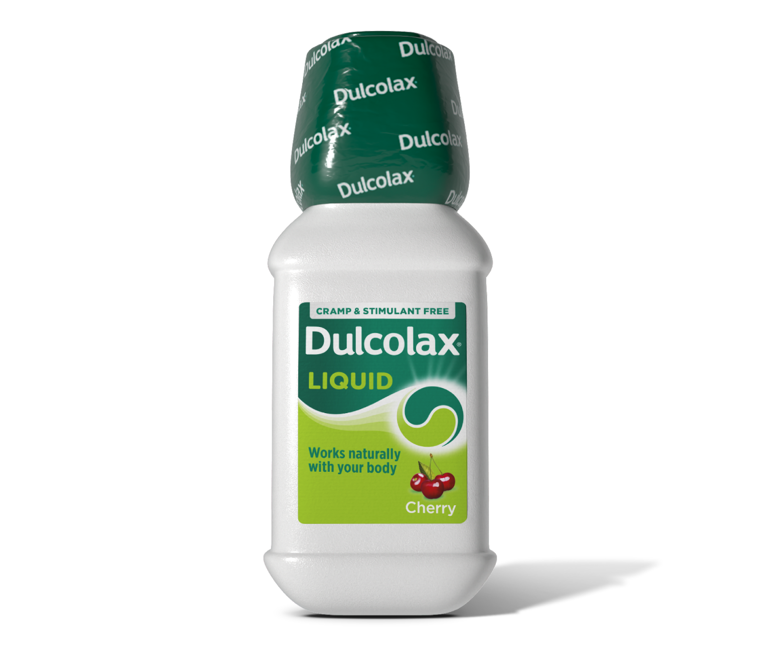 Dulcolax Liquid Cherry, cramp and stimulant free, in a white bottle with a green label.