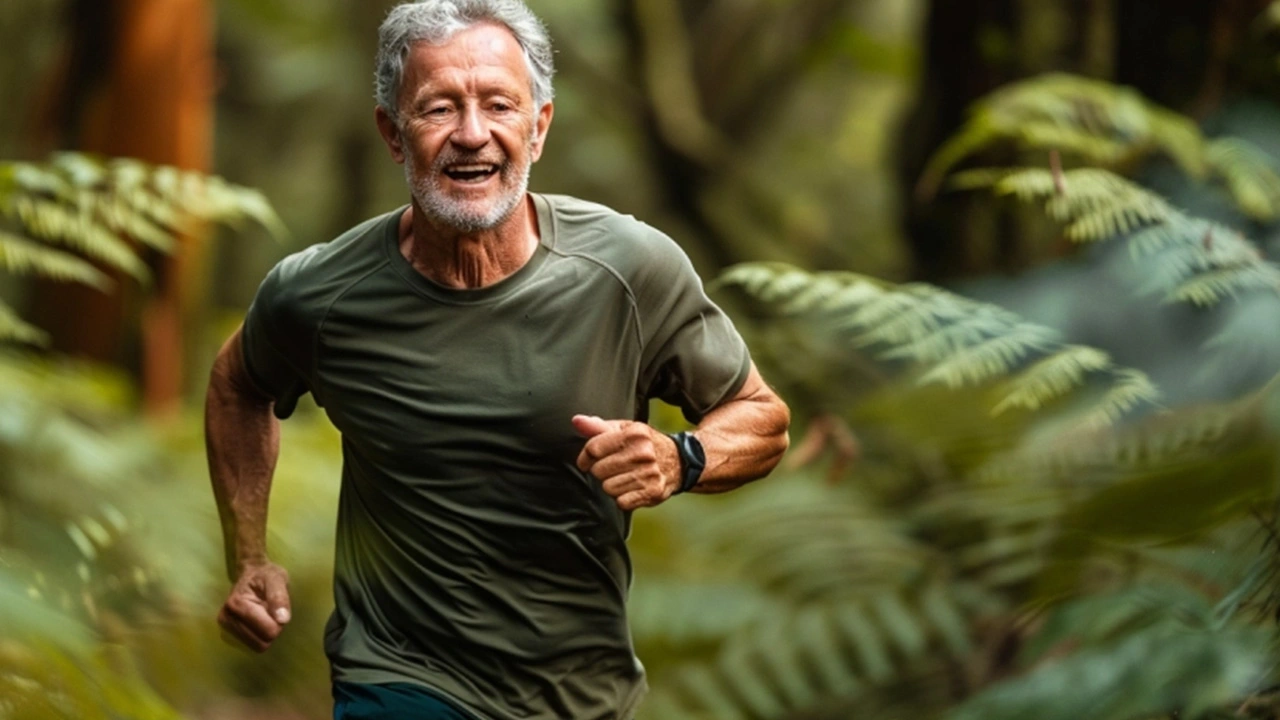 Elderly man running through a forest, wearing a green shirt and a smartwatch.