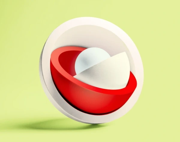 Abstract 3D shapes in vibrant red, yellow, and green on a light green background.