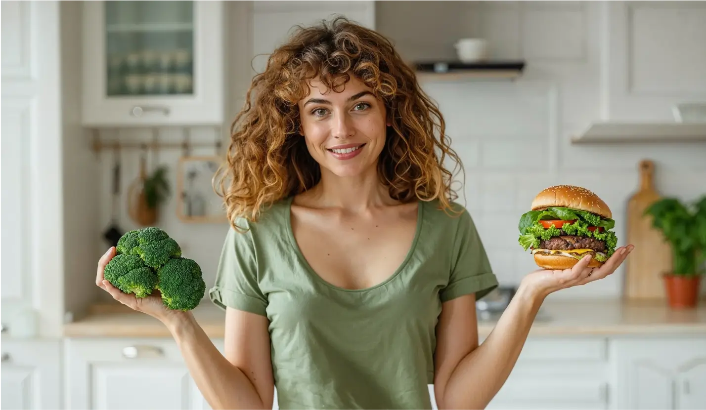 Smiling woman in a kitchen holding broccoli in one hand and a burger in the other.