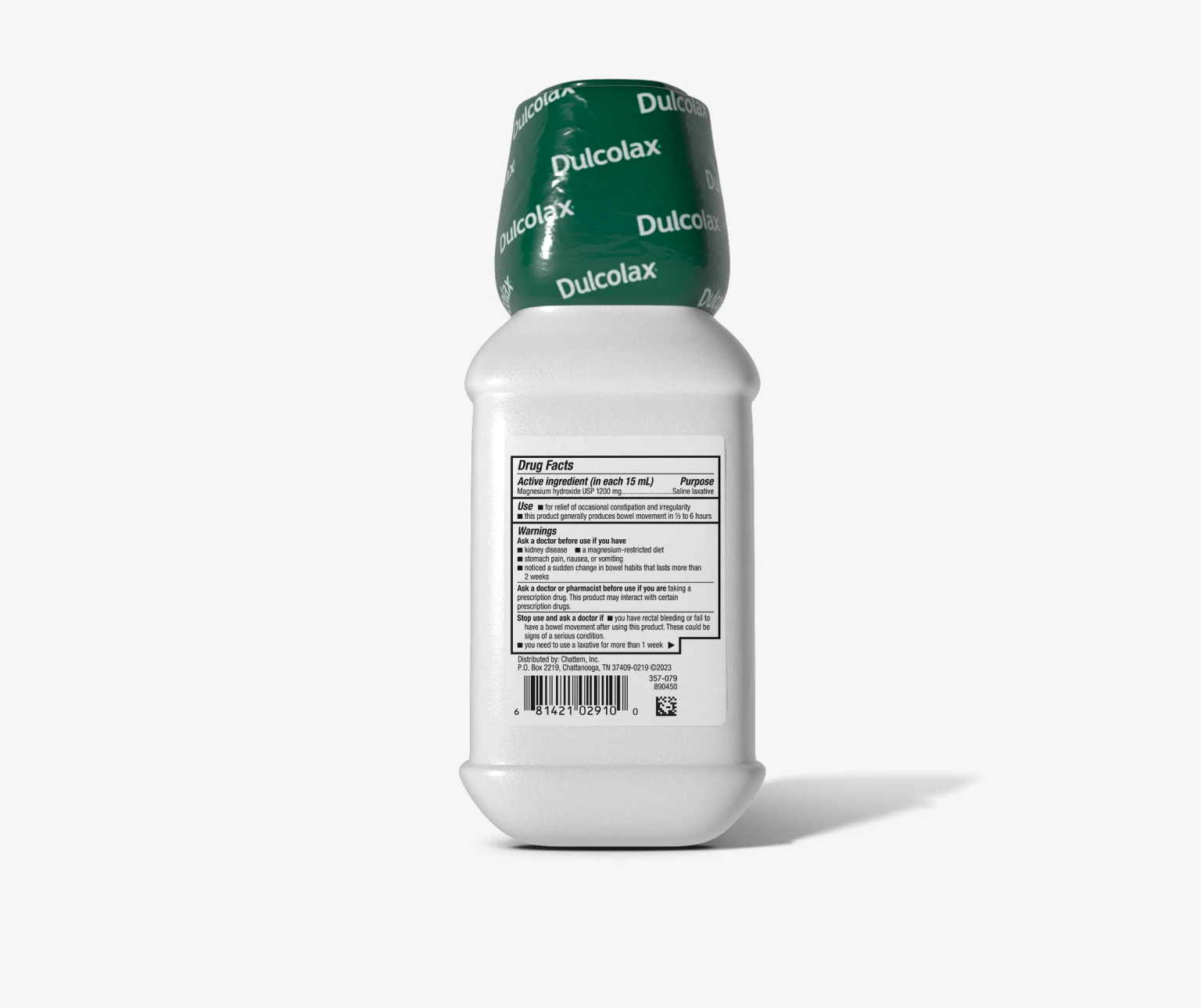 Dulcolax bottle with green cap showing drug facts label on a white background.