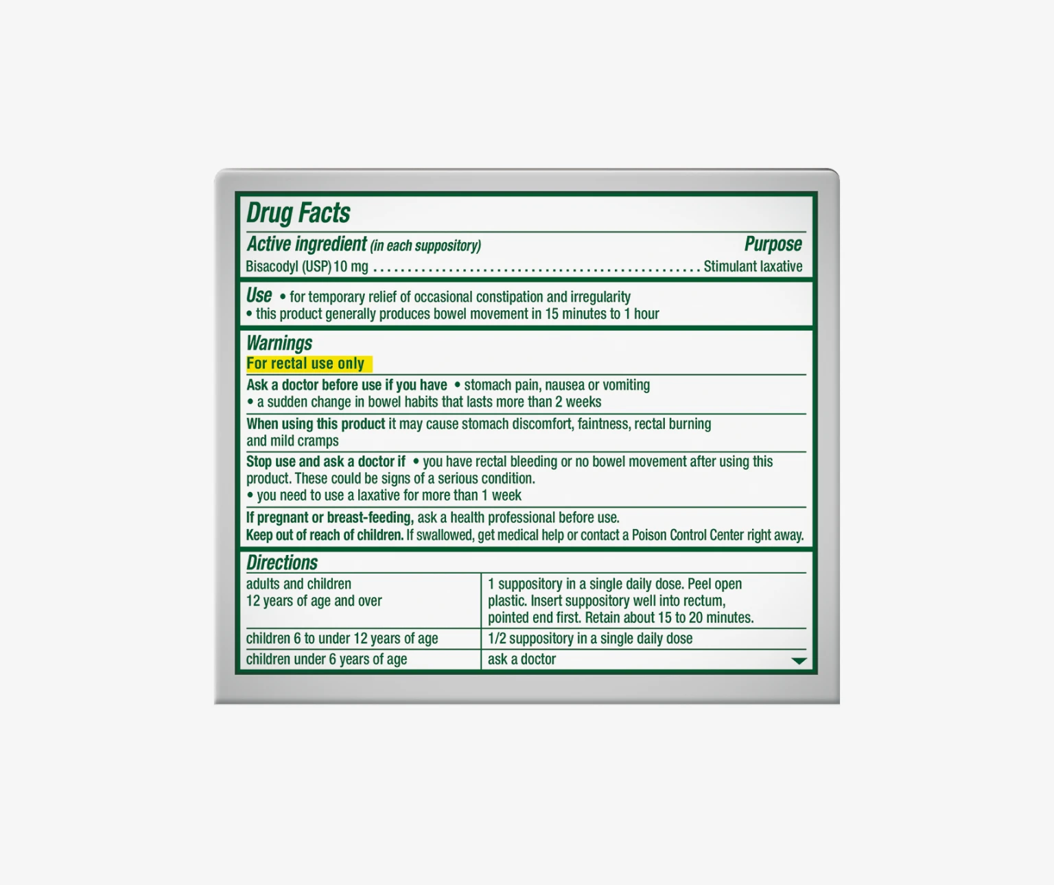 Bisacodyl suppository drug facts include uses, warnings, and dosage directions for adults and children.