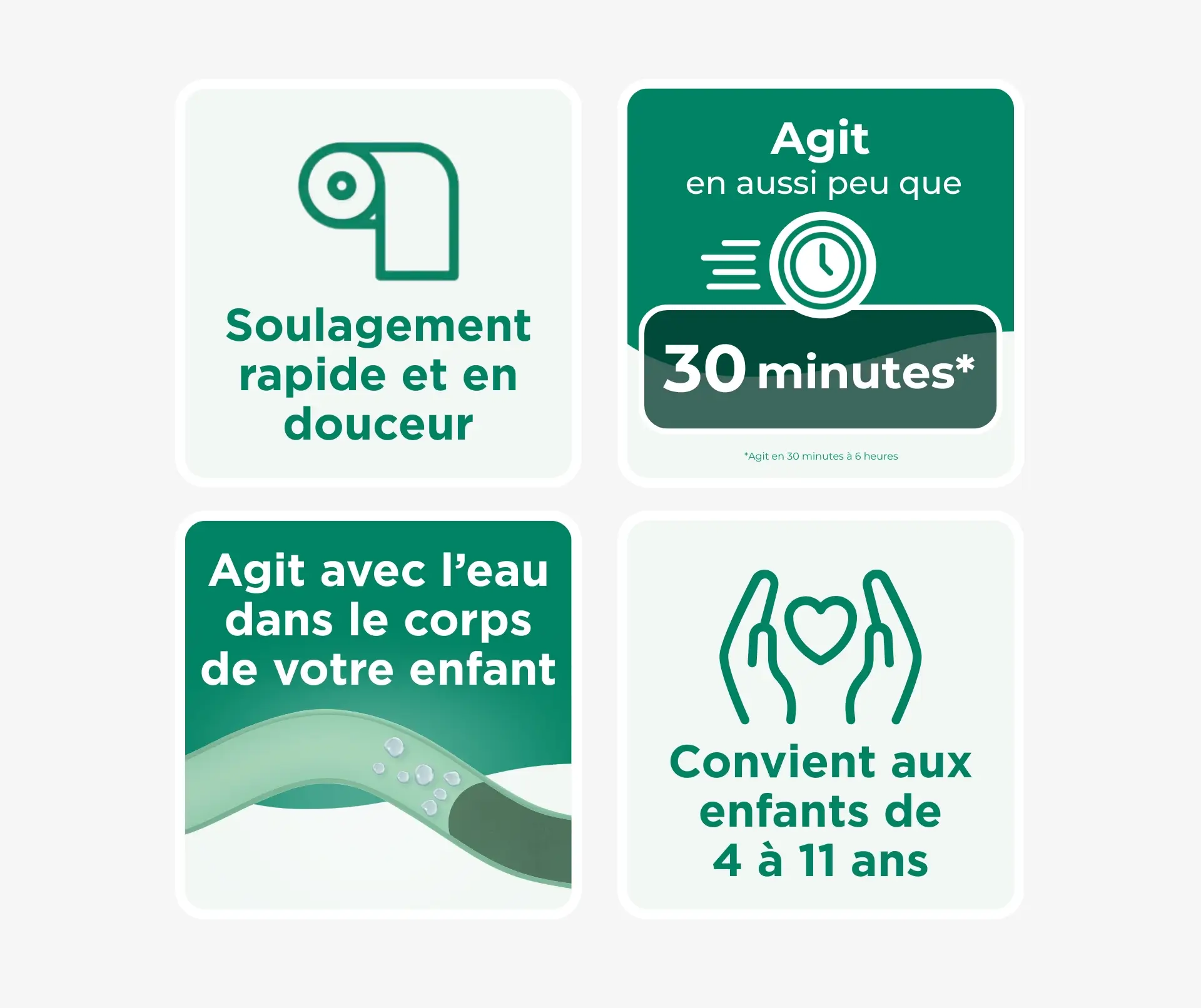 Avantages de DulcoLax Soft Chews : soulagement rapide et en douceur; agit en aussi peu que 30 minutes à 6 heures; fonctionne avec l’eau dans le corps de votre enfant; convient aux enfants de 4 à 11 ans