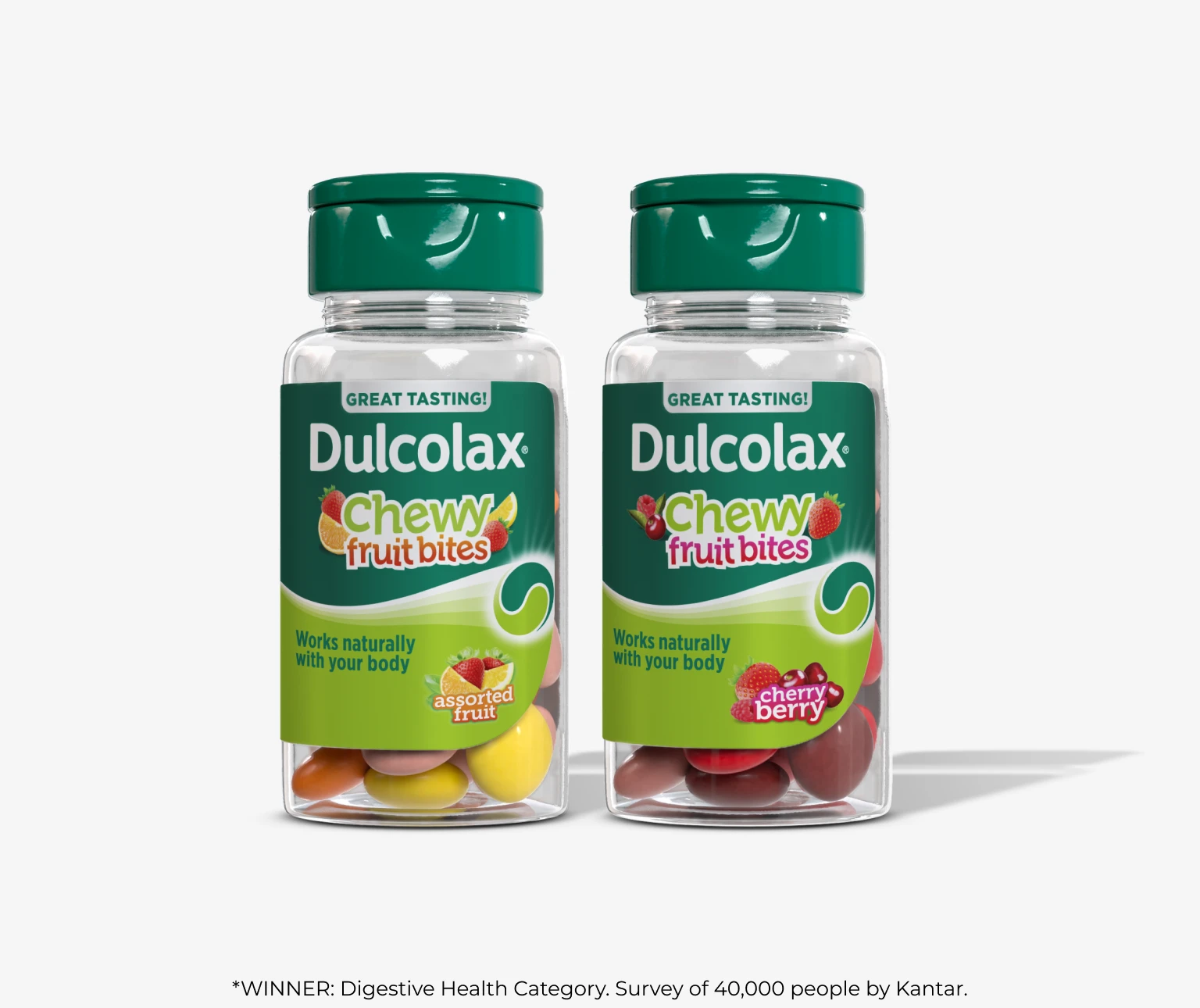 Dulcolax Chewy Fruit Bites, assorted fruit and cherry berry, in clear bottles with green lids.