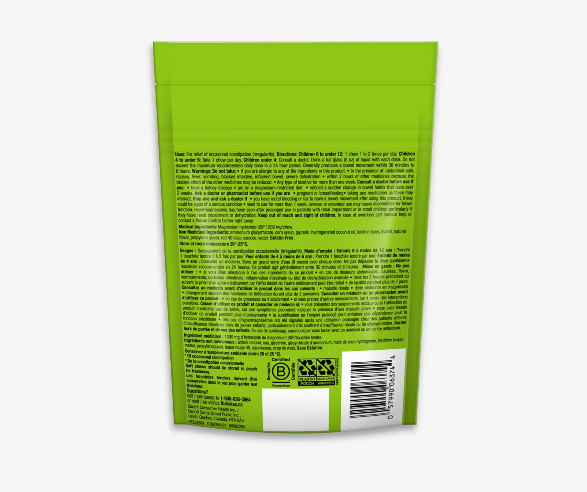 Dos de l’emballage des DulcoLax Soft Chews Kids