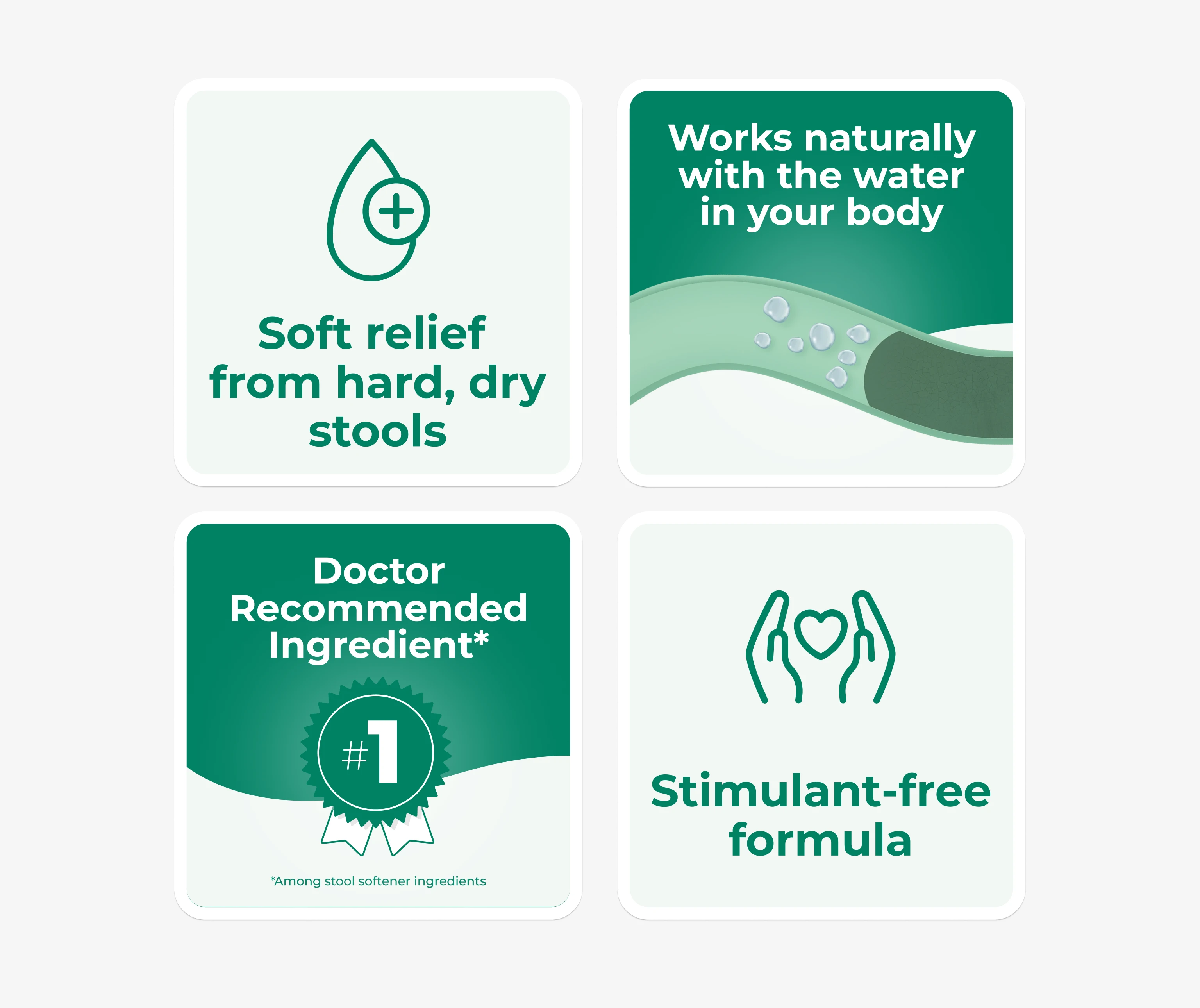 Soft stool relief, works naturally with body water, doctor-recommended, stimulant-free formula.