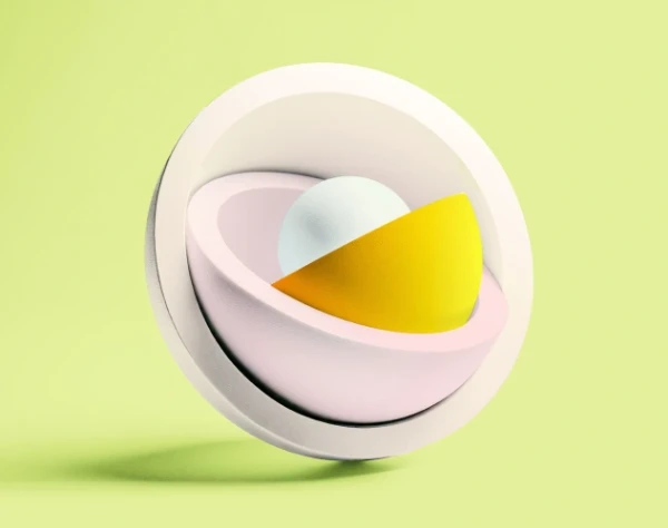 Abstract 3D shapes in vibrant red, yellow, and green on a light green background.