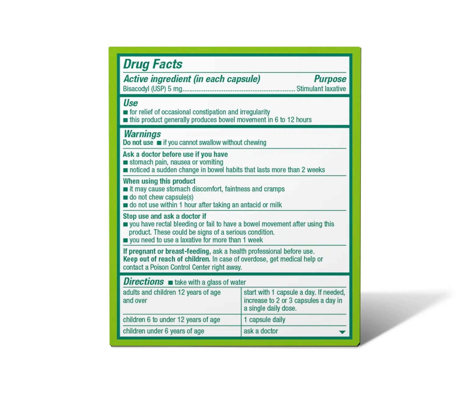 Drug Facts label for Bisacodyl laxative, 5 mg capsules, with uses, warnings, and dosage instructions.