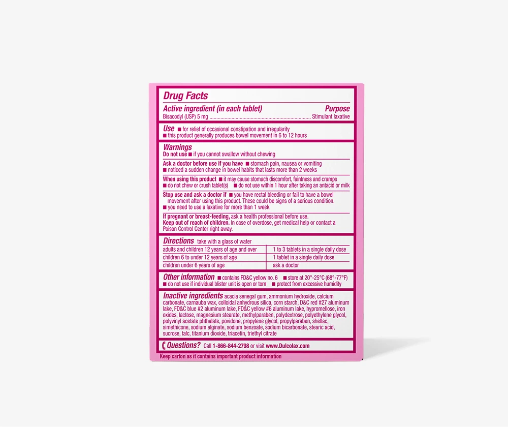 Drug Facts label for a stimulant laxative with active ingredient Bisacodyl 5 mg per tablet.