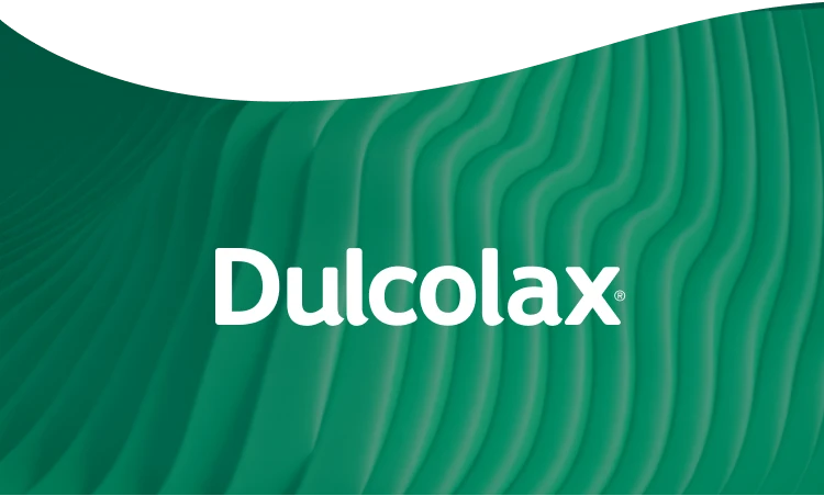 Dulcolax logo on a green wavy background.