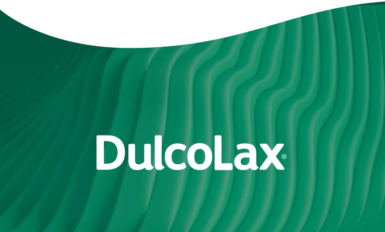 DulcoLax logo on a green wavy background.