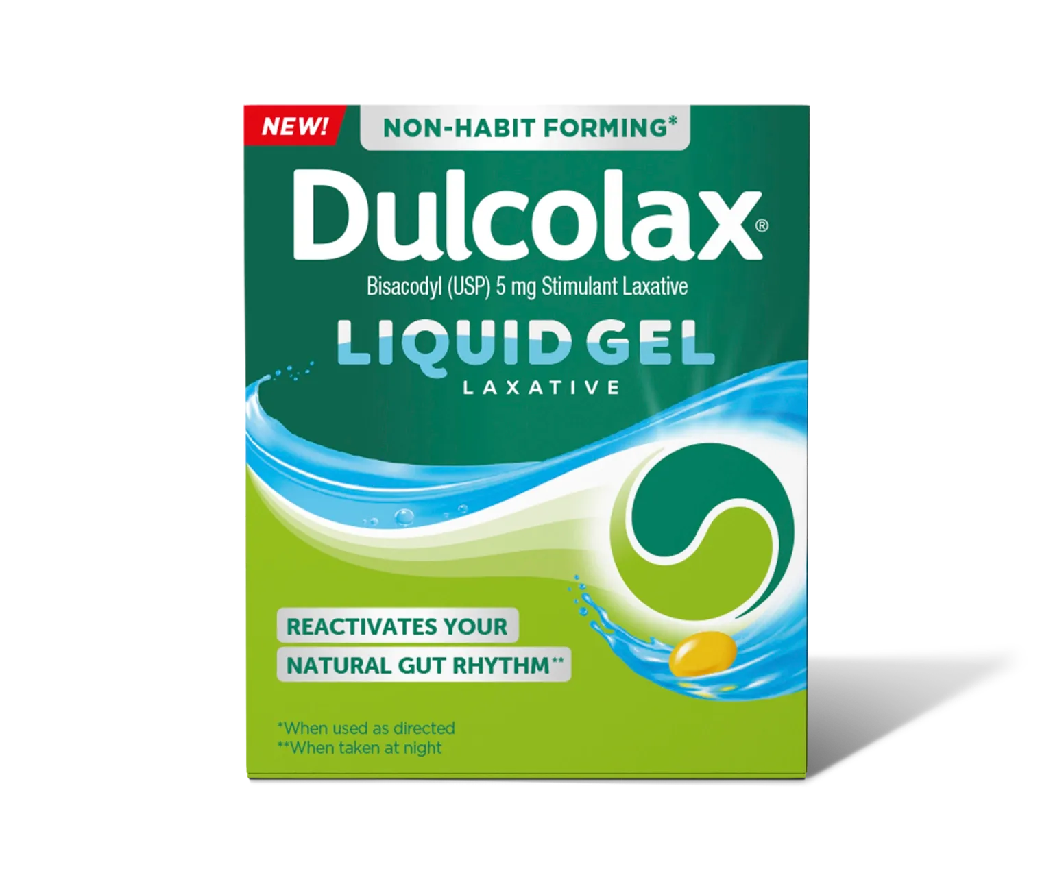 Dulcolax Liquid Gel Laxative box, Bisacodyl 5 mg, promotes natural gut rhythm.