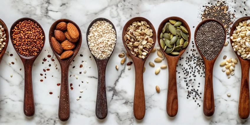 Various seeds and nuts in wooden spoons on a marble surface.