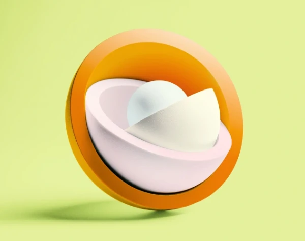 Abstract 3D shapes in vibrant red, yellow, and green on a light green background.