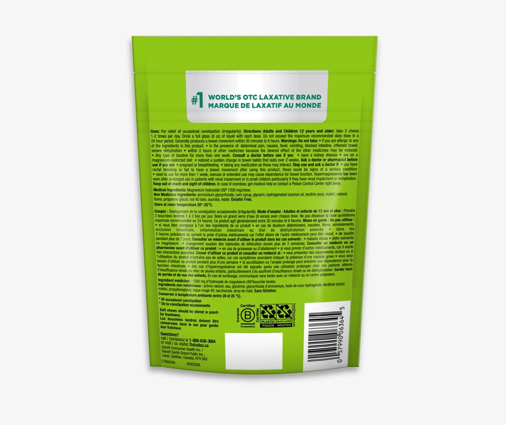 Back of pack of DulcoLax Soft Chews