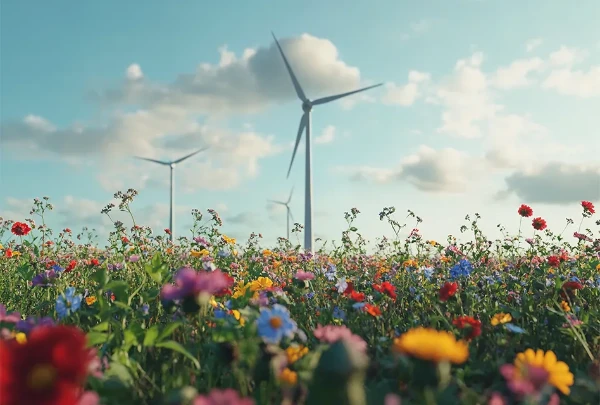 Wind turbines in a wildflower field under a partly cloudy sky.
