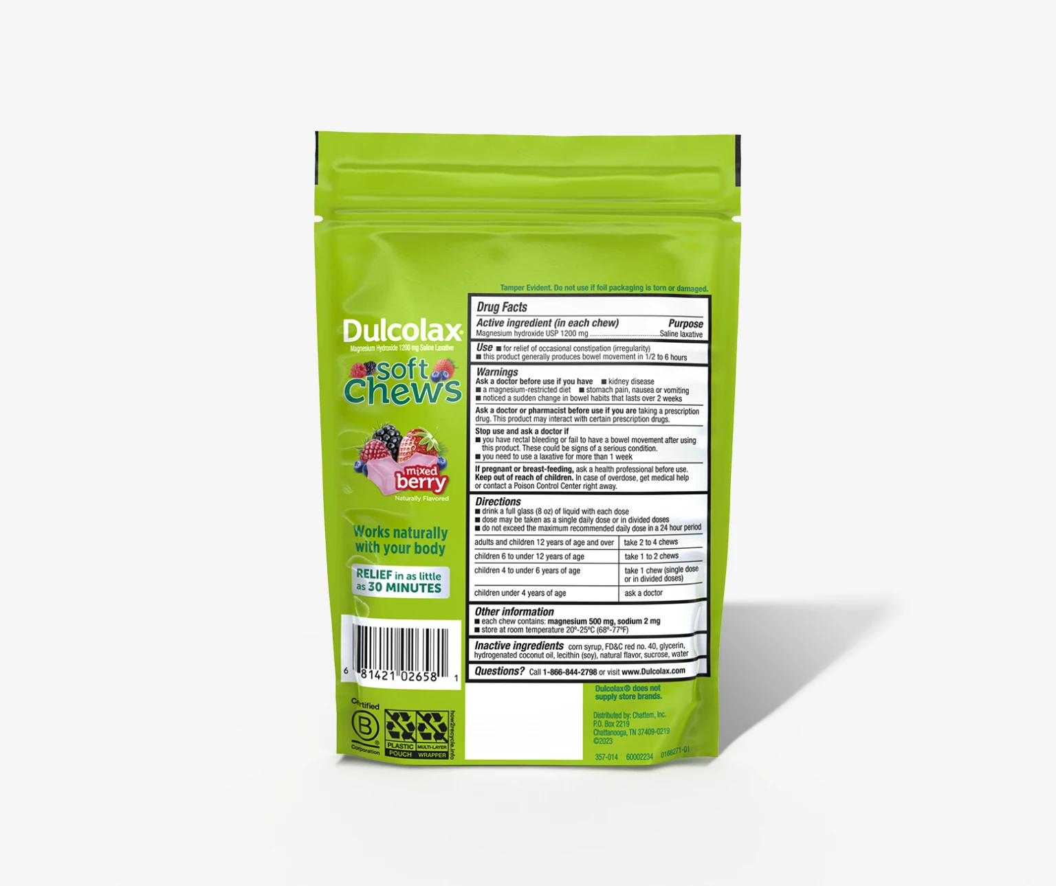 Dulcolax Soft Chews Mixed Berry package listing active ingredients and usage instructions.