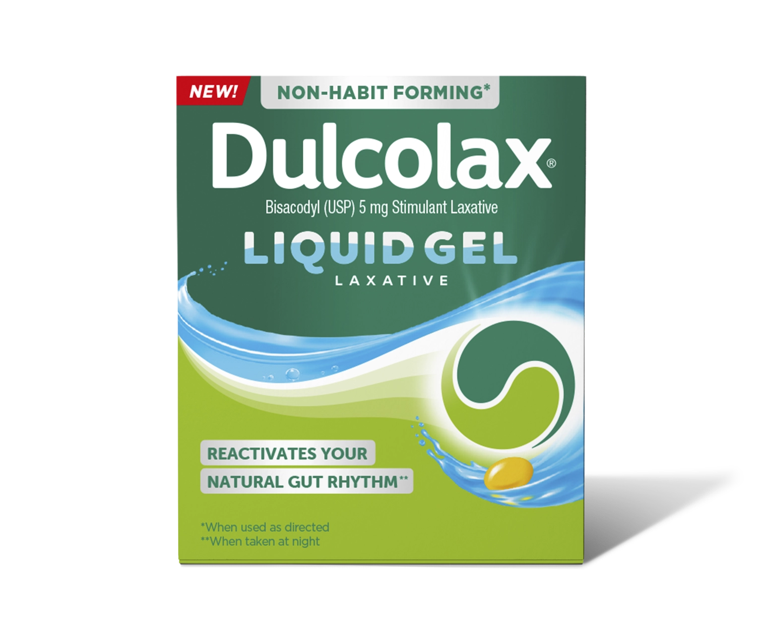 Dulcolax Liquid Gel Laxative box, Bisacodyl 5 mg, promotes natural gut rhythm.