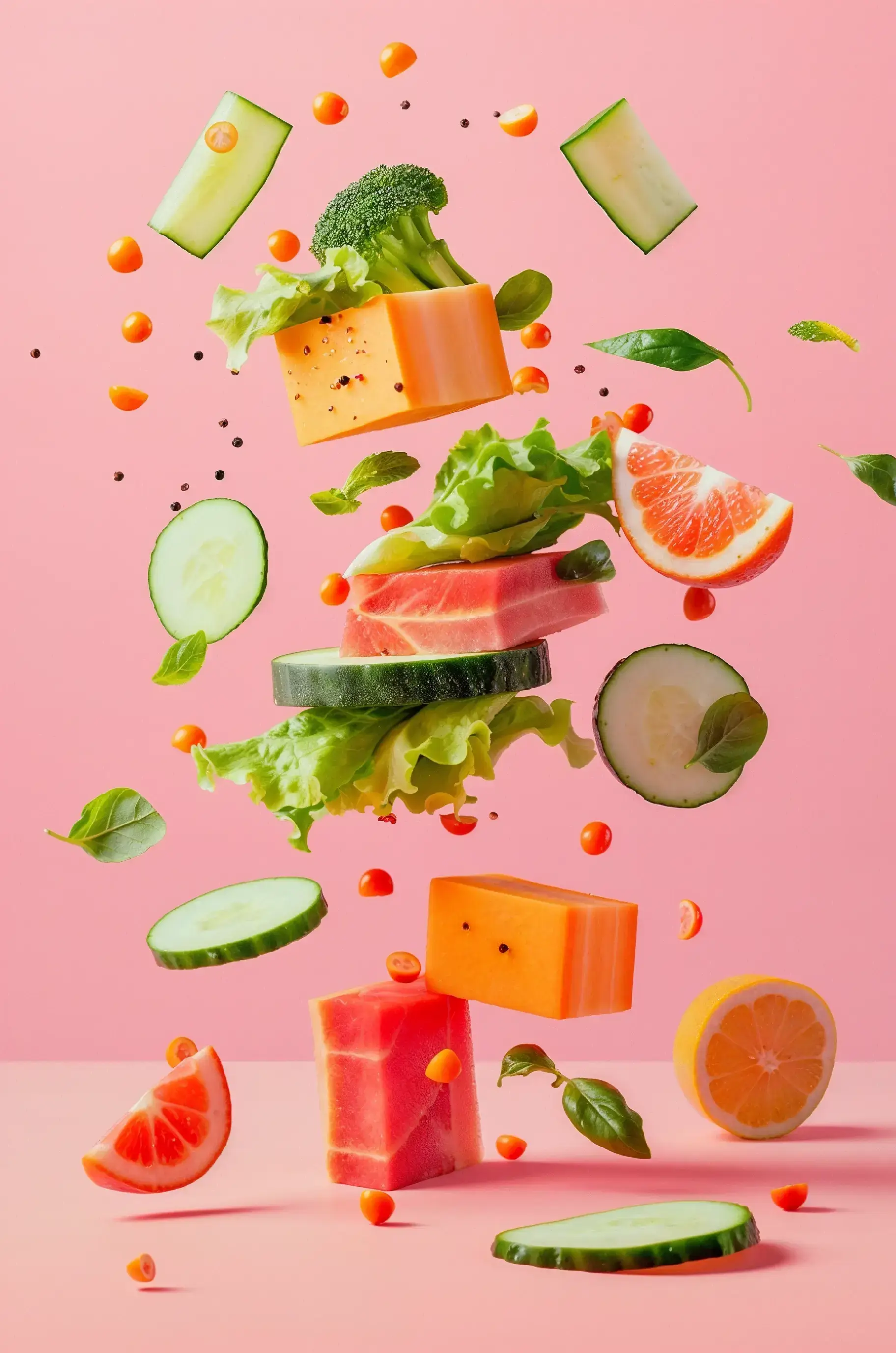 Floating vegetables, cheese, and fruits against a pink background.