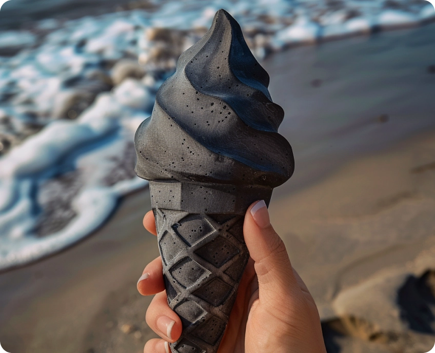Hand holding a black ice cream cone near the ocean.