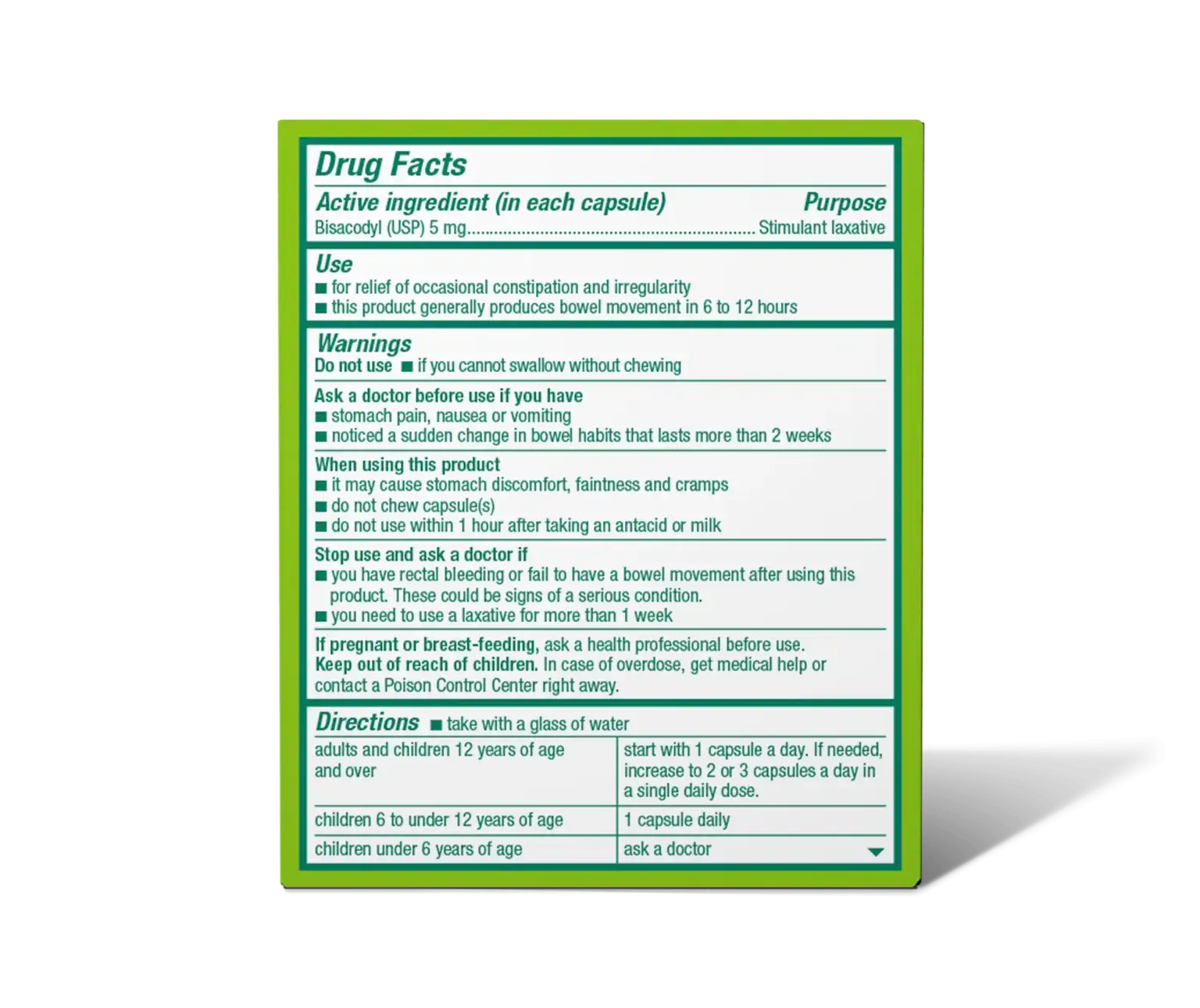 Drug Facts label for Bisacodyl laxative, 5 mg capsules, with uses, warnings, and dosage instructions.