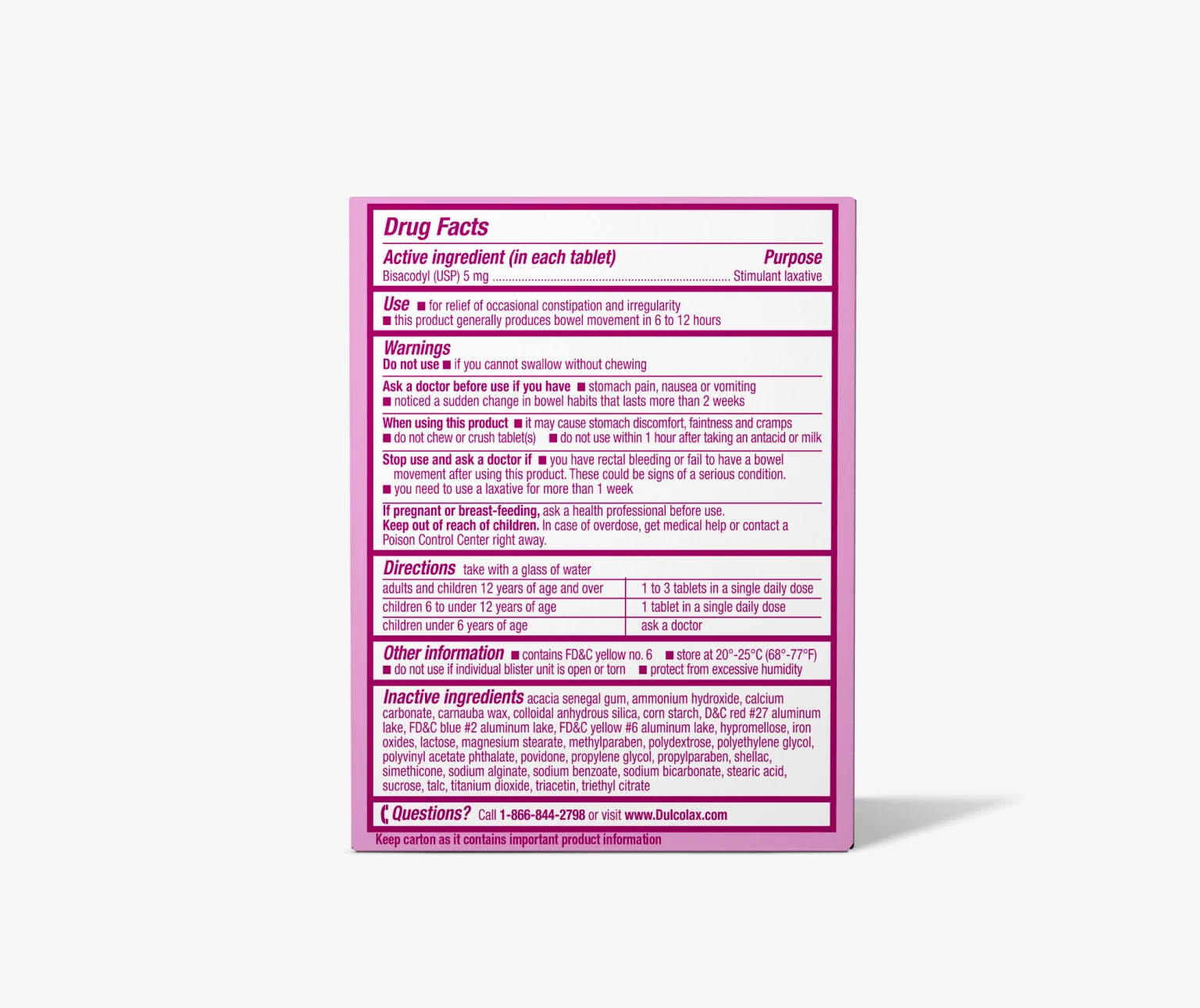 Drug Facts label for a stimulant laxative with active ingredient Bisacodyl 5 mg per tablet.