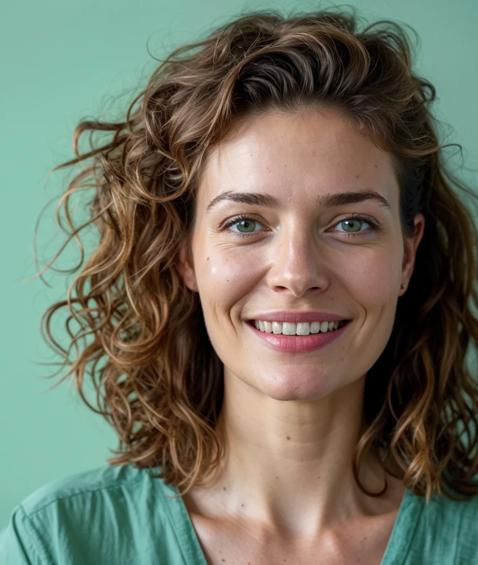 Smiling woman with curly hair against a green background.