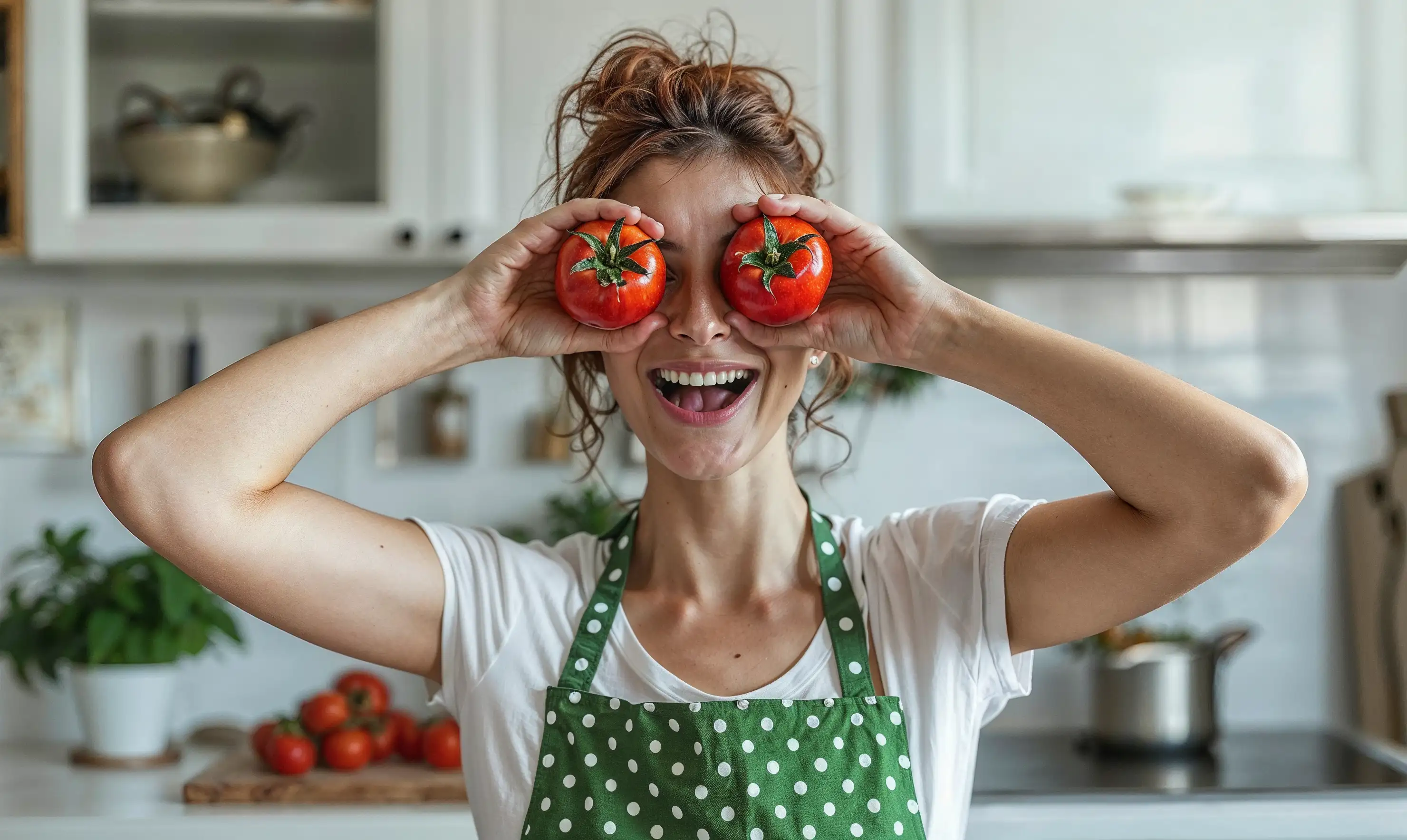 A woman in an apron holds tomatoes in front of her eyes, smiling in a kitchen.