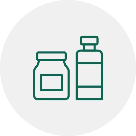 Icon of two medicine bottles with caps in a circular outline.