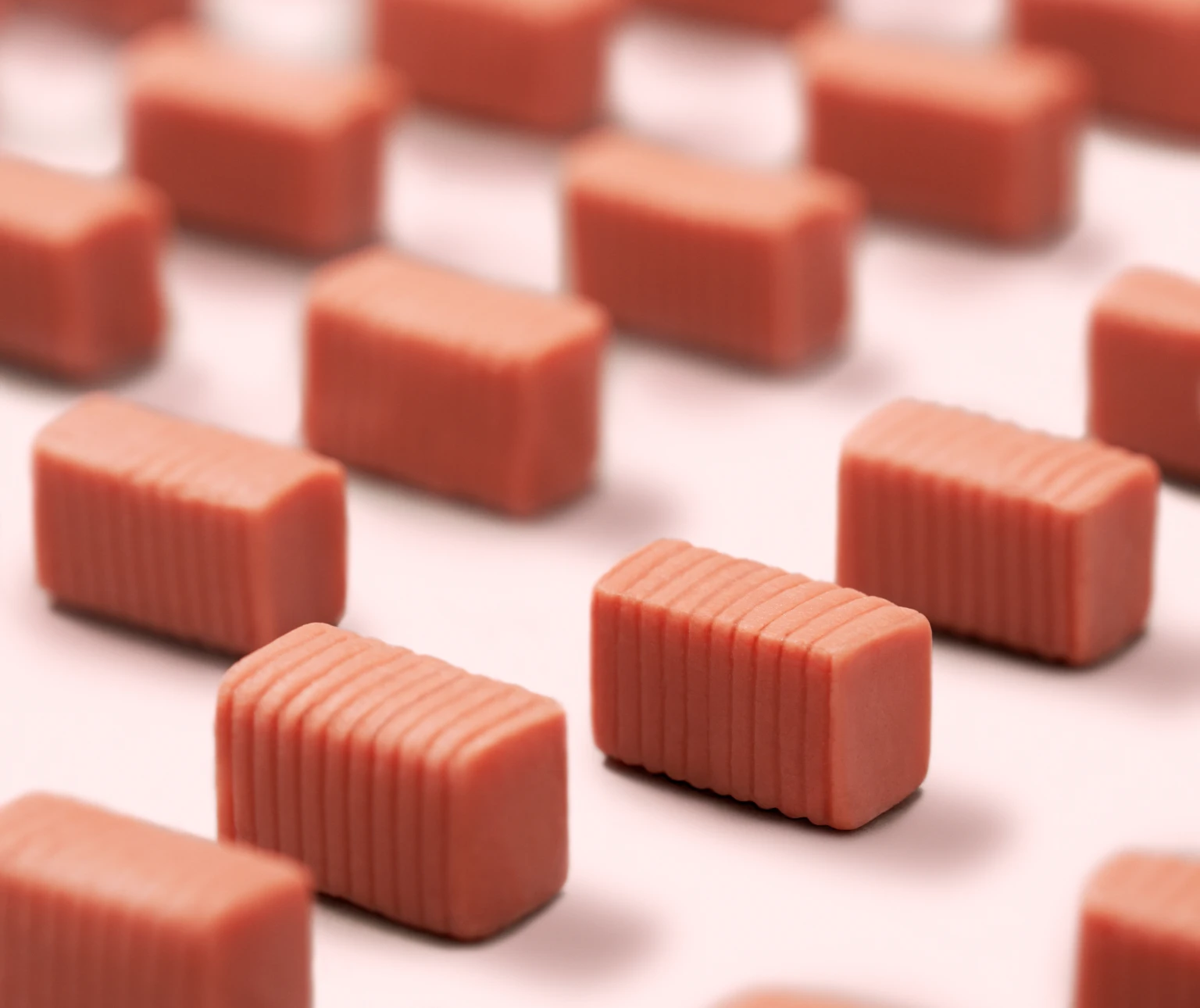 Rectangular blocks with ribbed texture arranged in rows on a light surface.