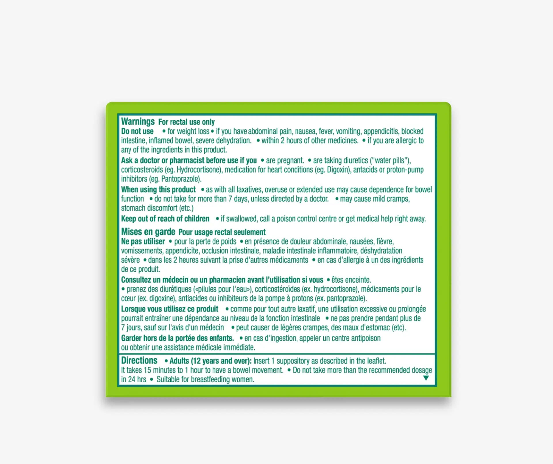 Back of pack of DulcoLax Suppositories