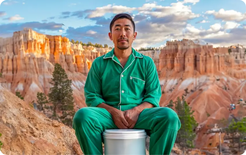 Person in green pajamas sits on a bucket with a canyon landscape in the background.