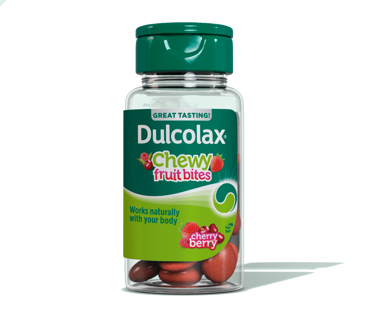 Dulcolax Chewy Fruit Bites Cherry Berry in a green-capped bottle.