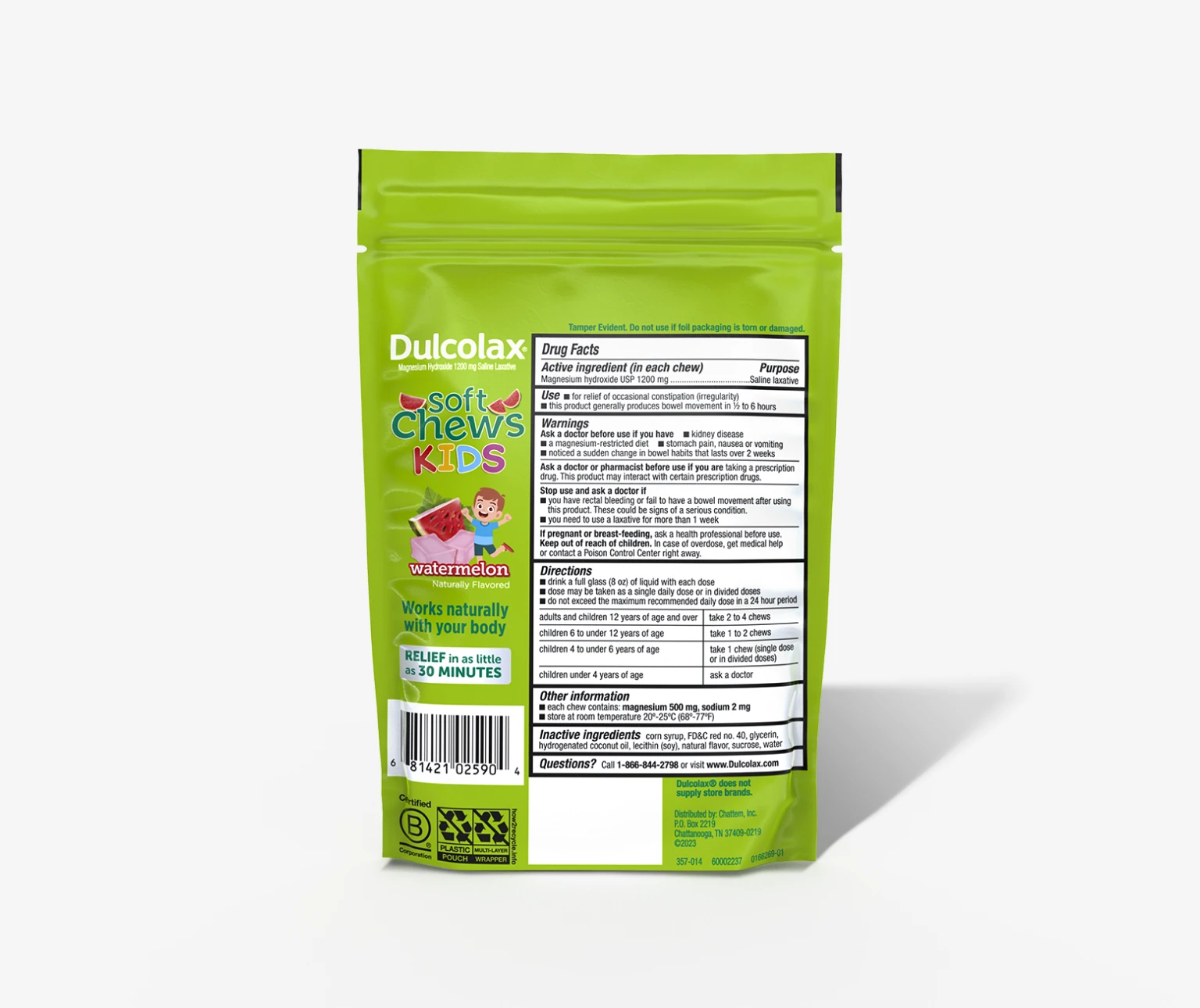 Dulcolax Soft Chews Kids, watermelon flavor, with product information and dosage instructions.