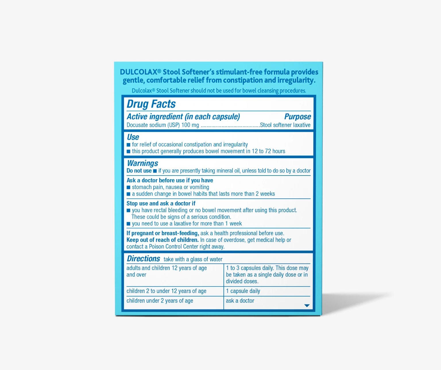 Drug facts label for Dulcolax Stool Softener, detailing active ingredient, usage, and warnings.