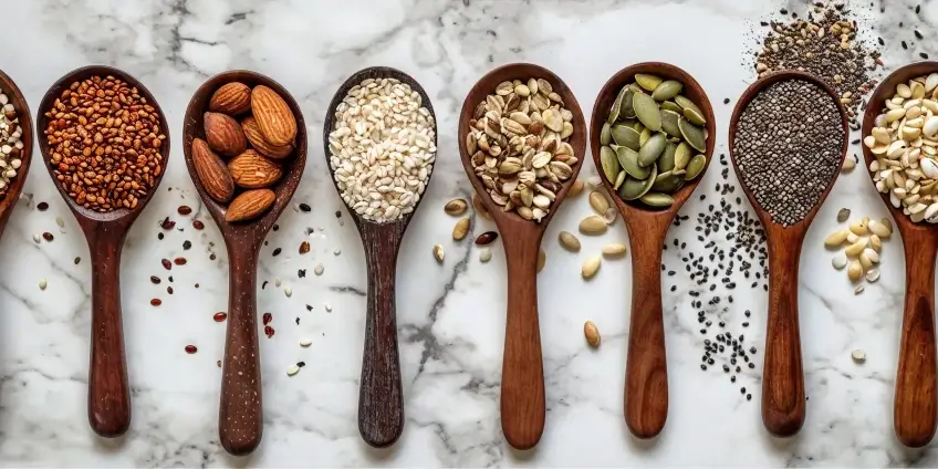 Various seeds and nuts in wooden spoons on a marble surface.