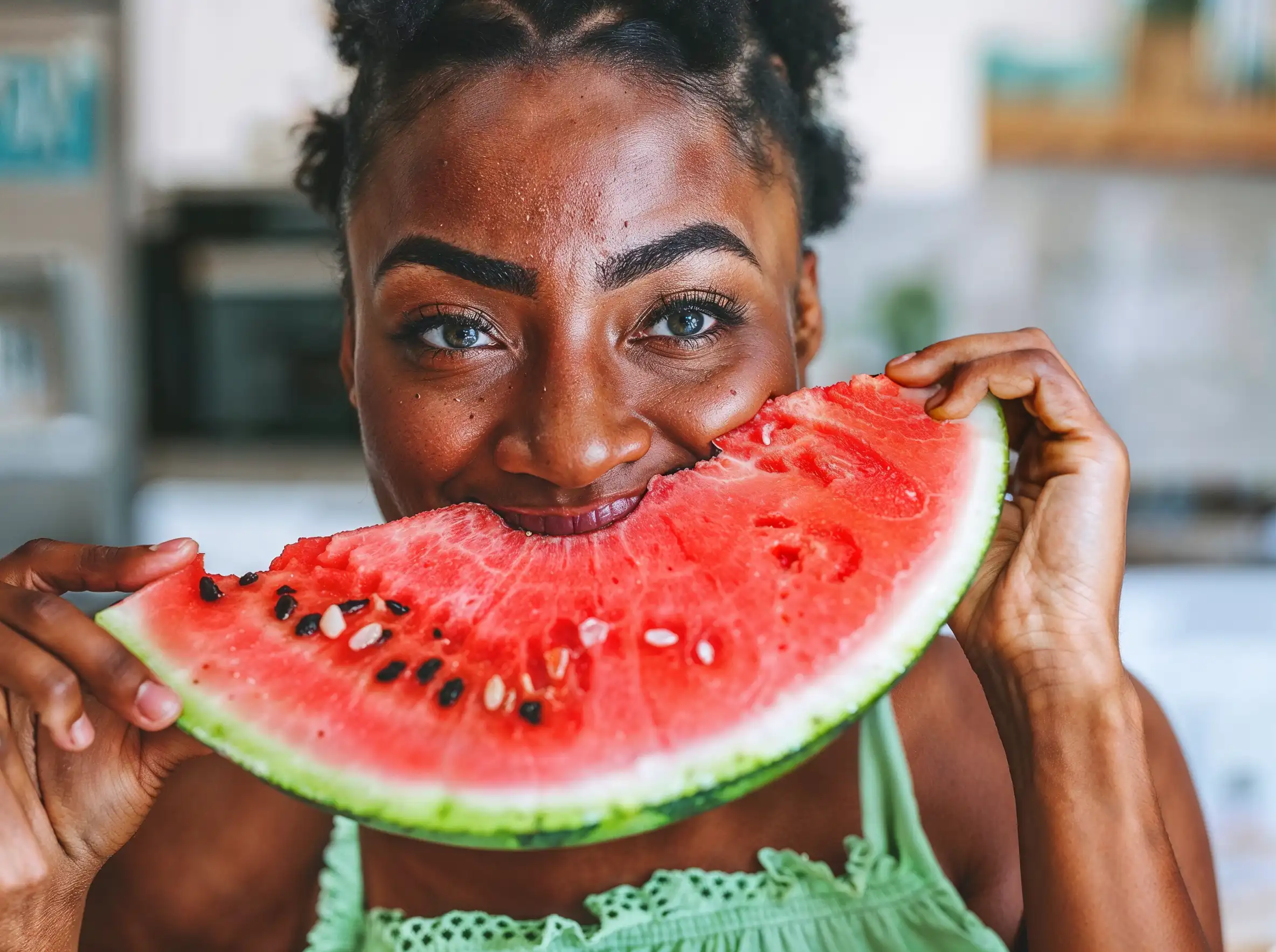 Person smiling while holding a large slice of watermelon close to their face.