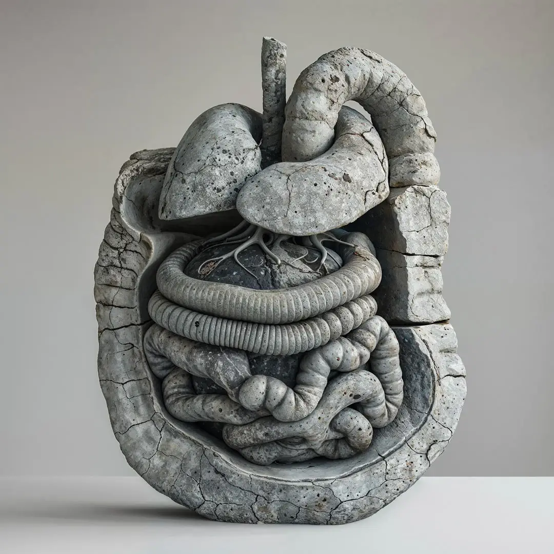 Stone sculpture of human digestive organs with a textured, cracked surface.