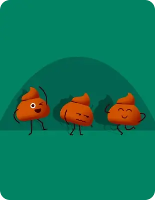 Three animated poop emojis with faces and limbs over a green background.