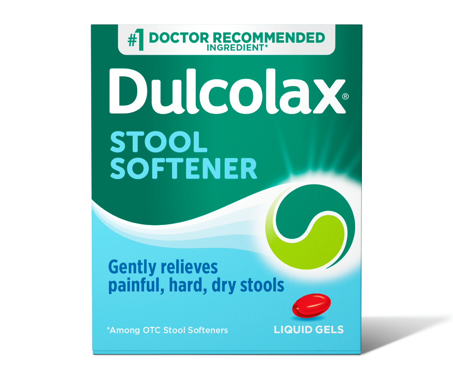 Dulcolax Stool Softener Liquid Gels packaging, relieving hard, dry stools.