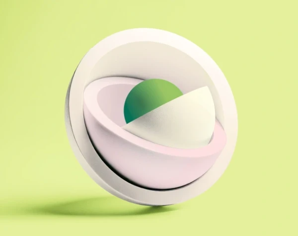 Abstract 3D shapes in vibrant red, yellow, and green on a light green background.